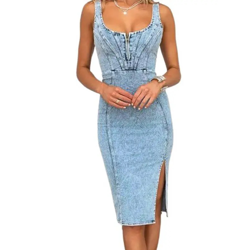 TATIANA™ – Midi šaty z denimu s bočními rozparky