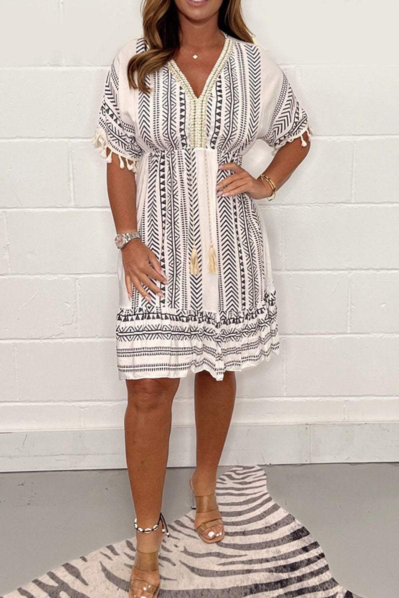 Gail - Vintage Bohémská Šaty s Ethnickým Potiskem